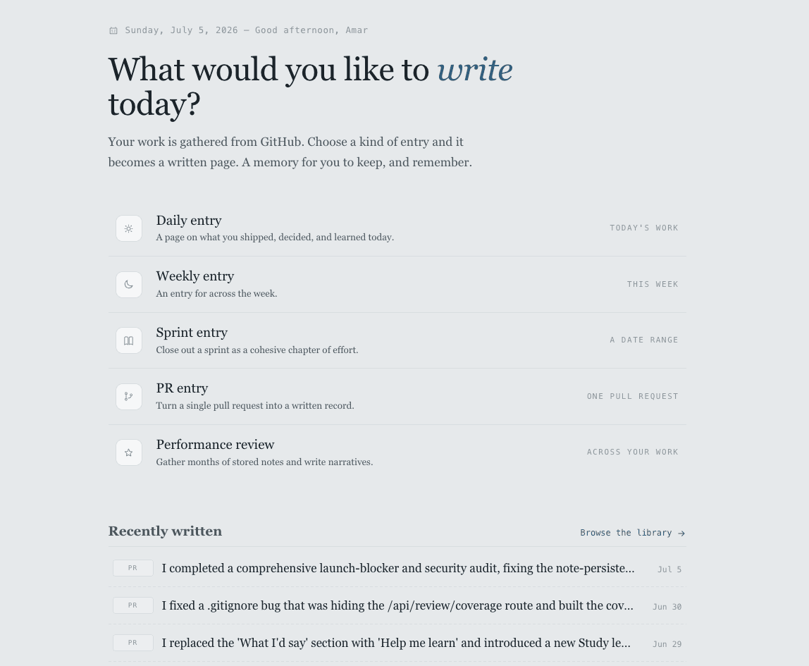 Engineer Journal screenshot — Start from today