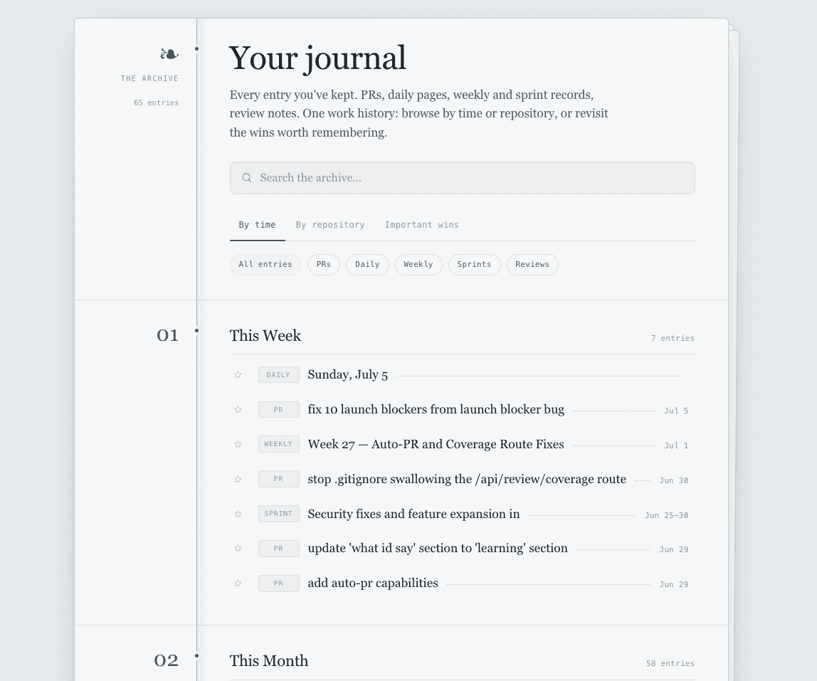 Engineer Journal screenshot — Your journal timeline